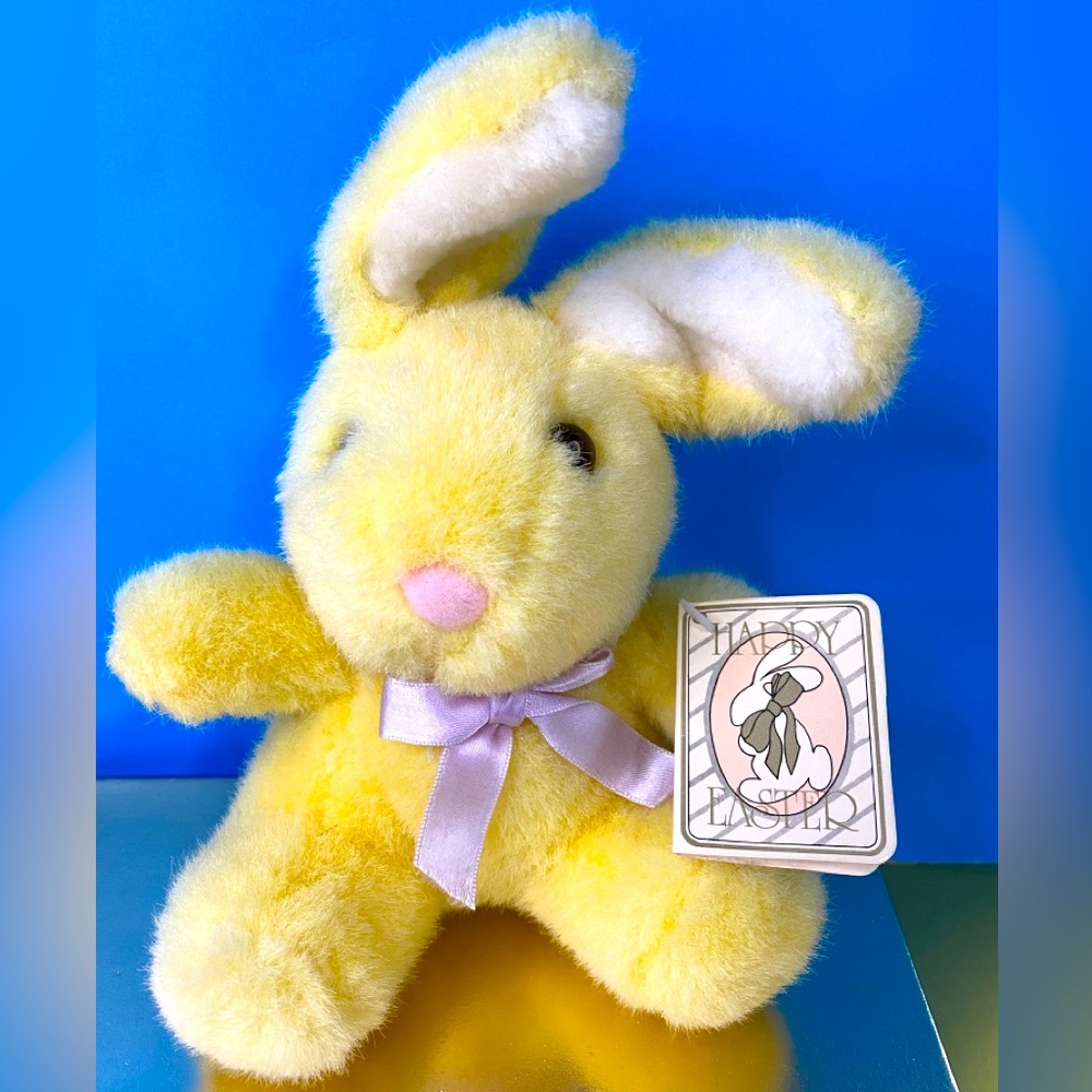 CUTE 90’s HAPPY EASTER SUPER FLUFFY YELLOW BUNNY WITH LAVENDER BOW PINK NOSE NWT